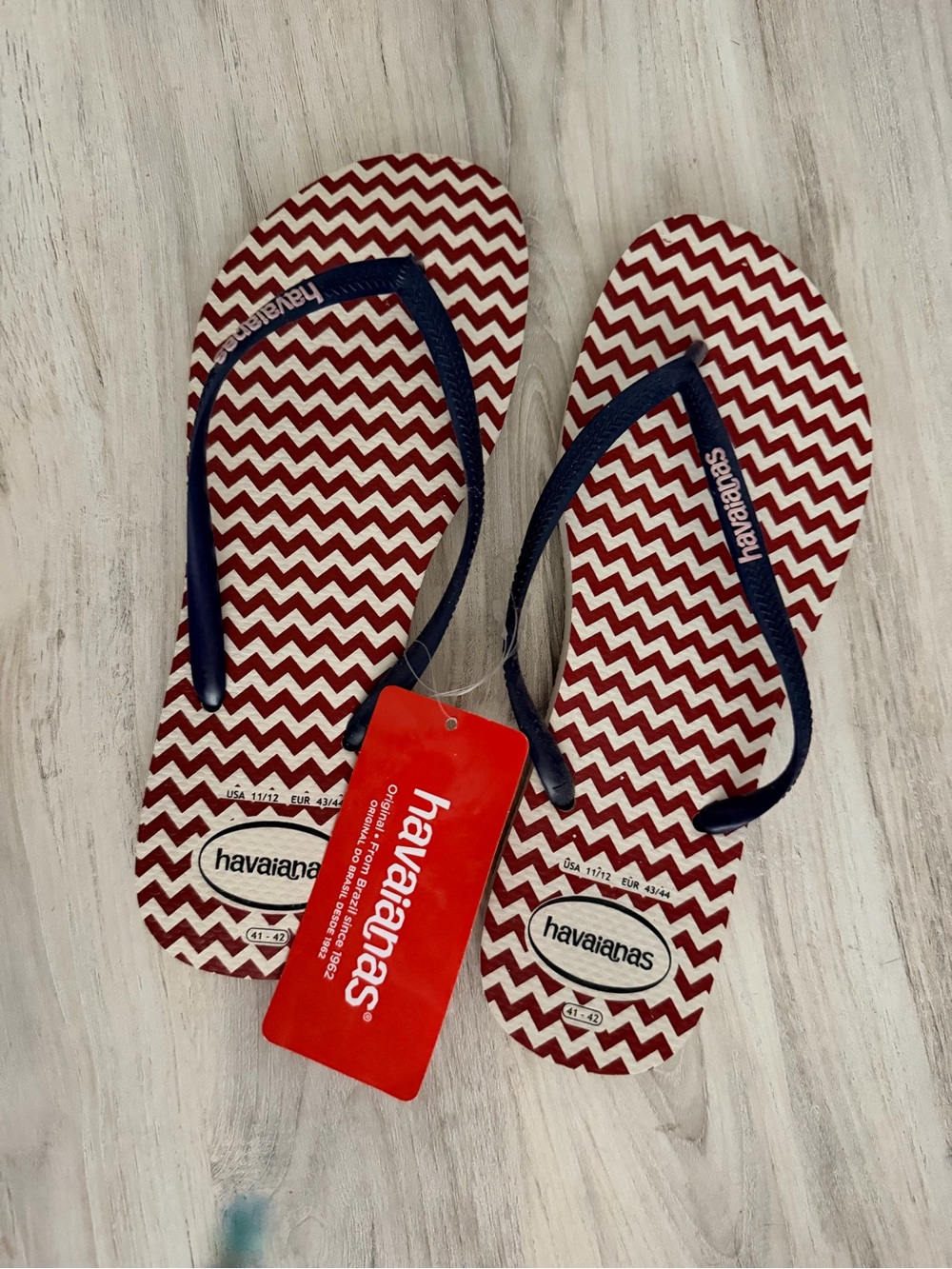 Havaianas Red and White Chevron Flip Flops with Navy Straps